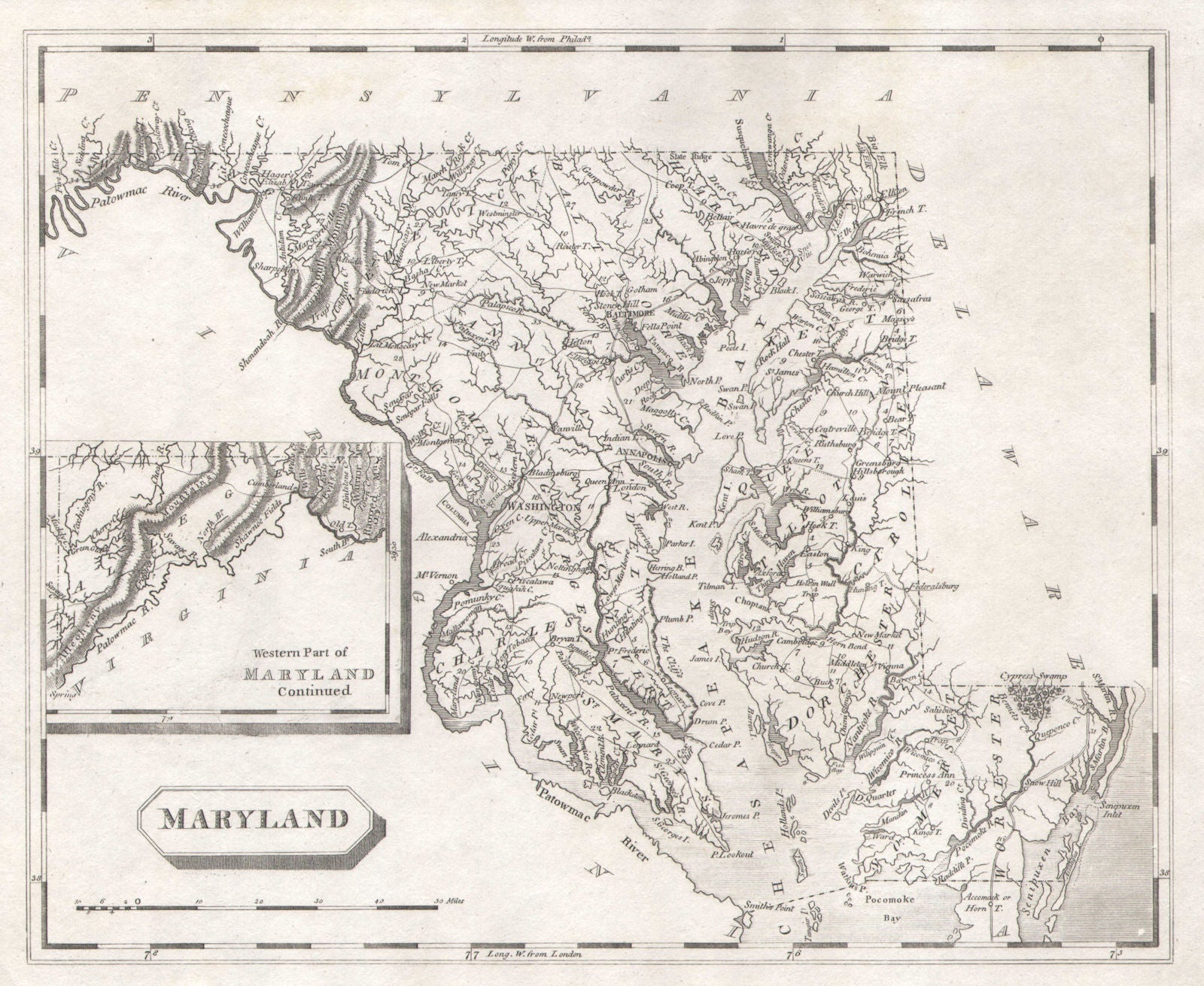 Maryland state map by Arrowsmith & Lewis 1812 old antique plan chart